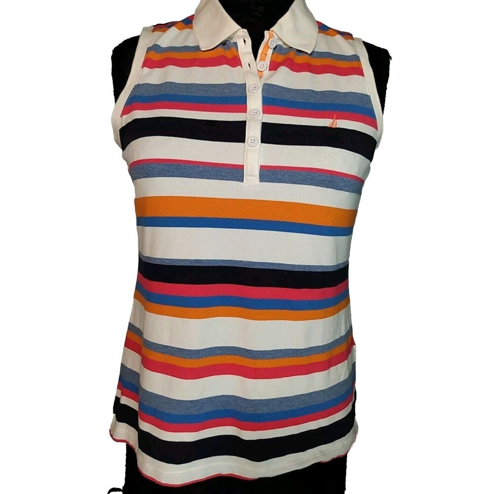 Nautica Women White Multicolor Striped Collared Golf Polo Size M